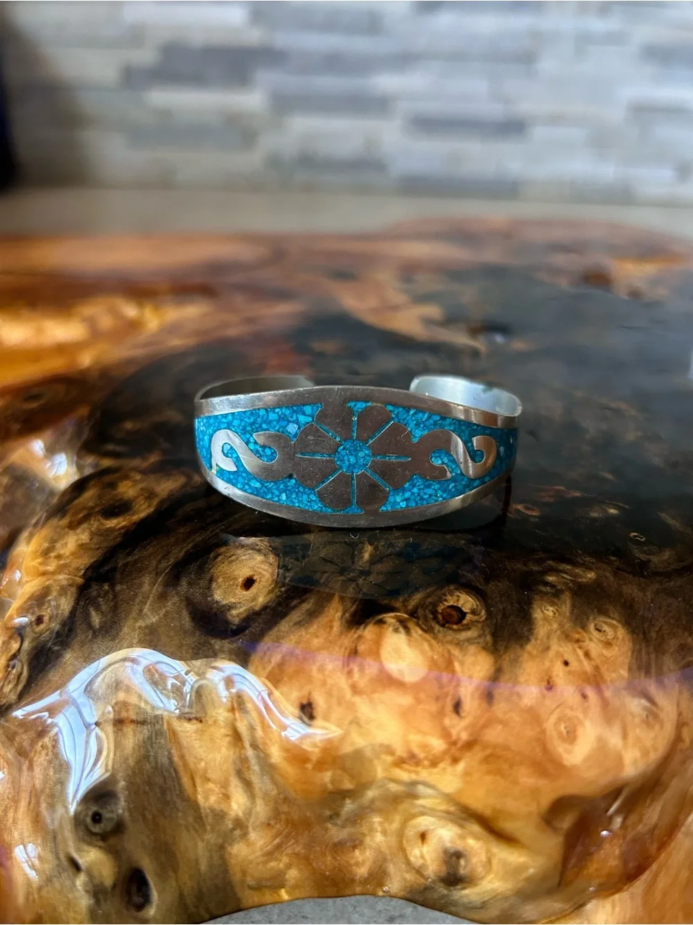 Mexico Turquoise Inlay Silver Cuff Bracelet